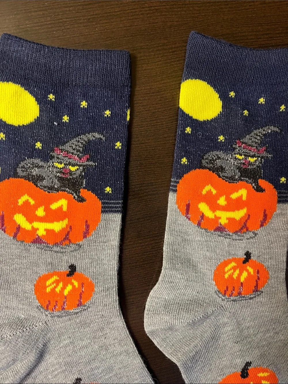 Halloween Pumpkin & Kitty Crew Socks - Gray & Navy